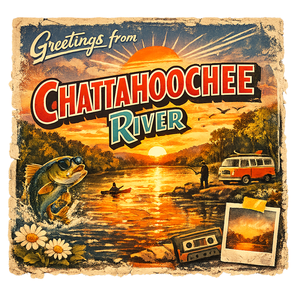 Chattahoochee River Greetings Fishing Sticker featuring Capture the nostalgic spirit of the Chattahoochee River with – designed by Destinie Laslo @ SunFrog Chattahoochee River Greetings Fishing Sticker featuring Capture the nostalgic spirit of the Chattahoochee River with – designed by Destinie Laslo @ SunFrog